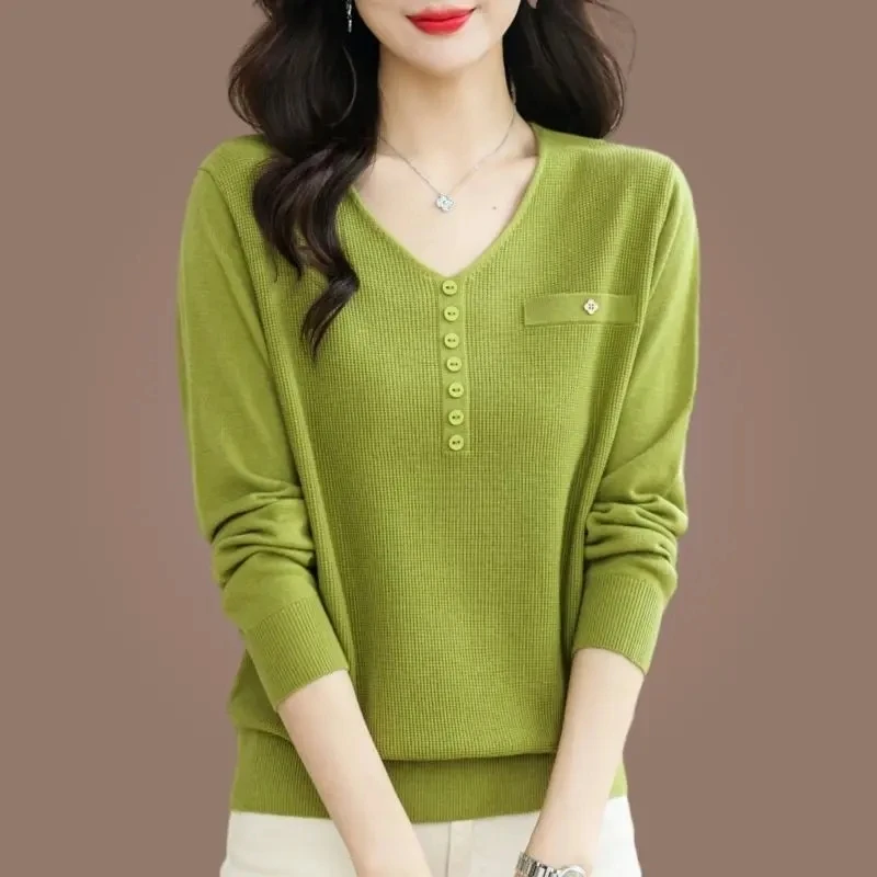 2025 Spring Autumn Long Sleeve Comfortable Femme Bottoming Tops V-Neck Elegant Versatile Women's Knitting Pullover Sweater