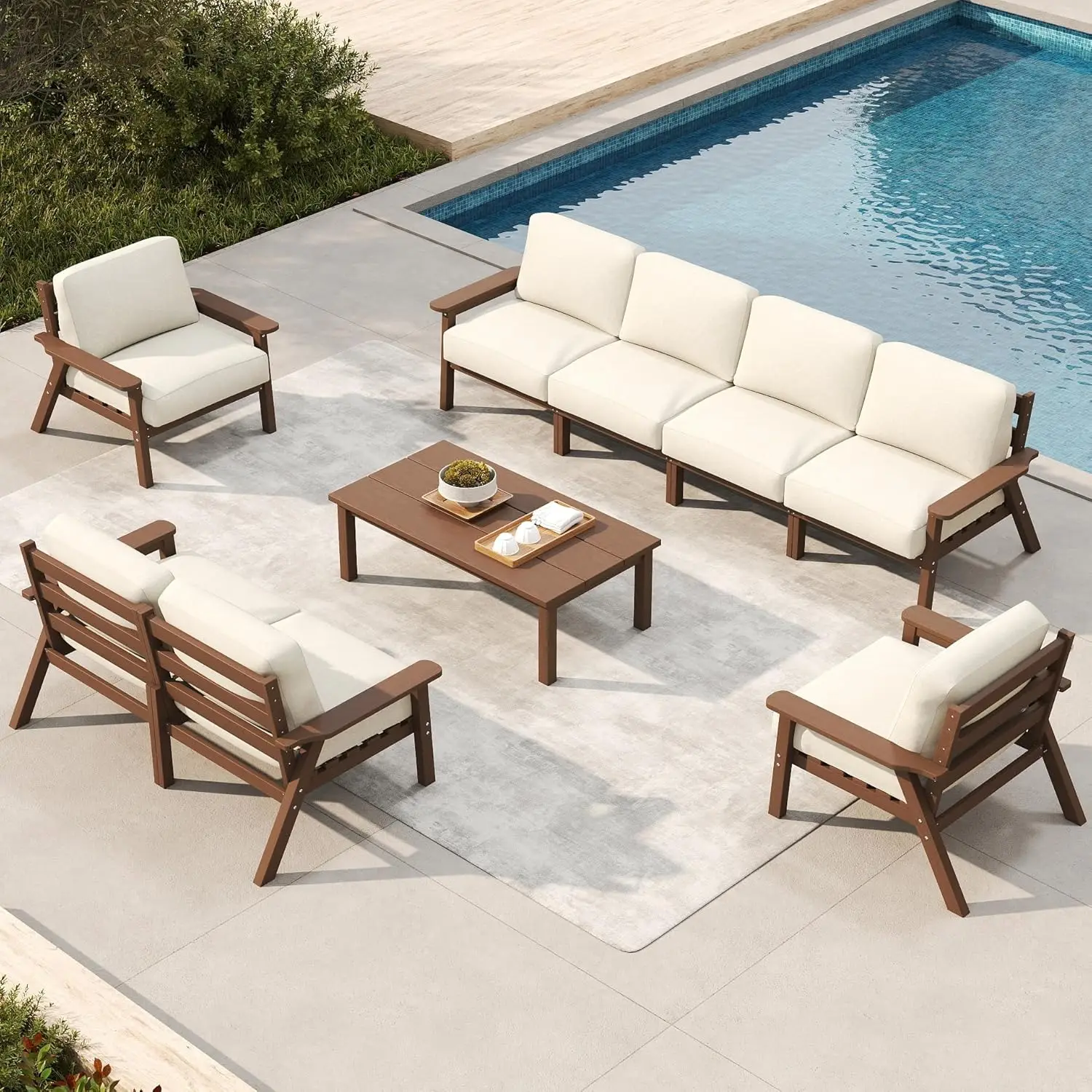 

Комплект садовой мебели на 8 мест, уличный секционный диван с бежевыми моющимися толстыми подушками, кофейный столик, для патио, на заказ