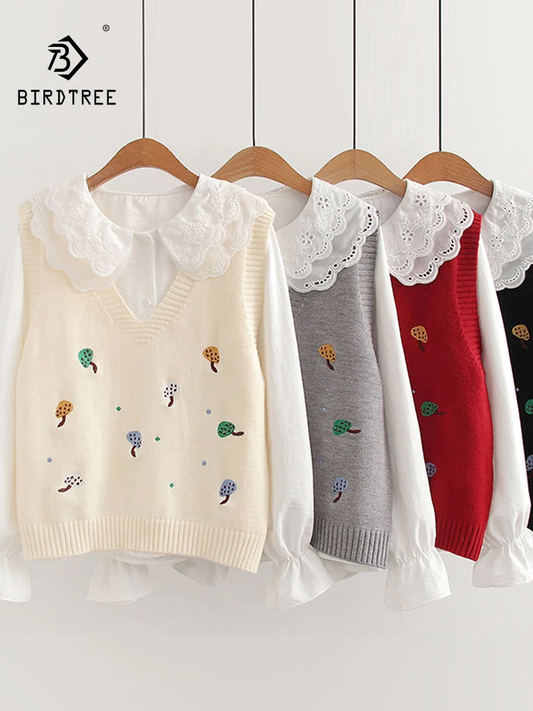 

New 2025 Winter Cotton Shirt Knit Vest Set, Women V Neck Cute Embroidery, Mori Girl Sweet Preppy Style Loose Blouse Set S5N725CC