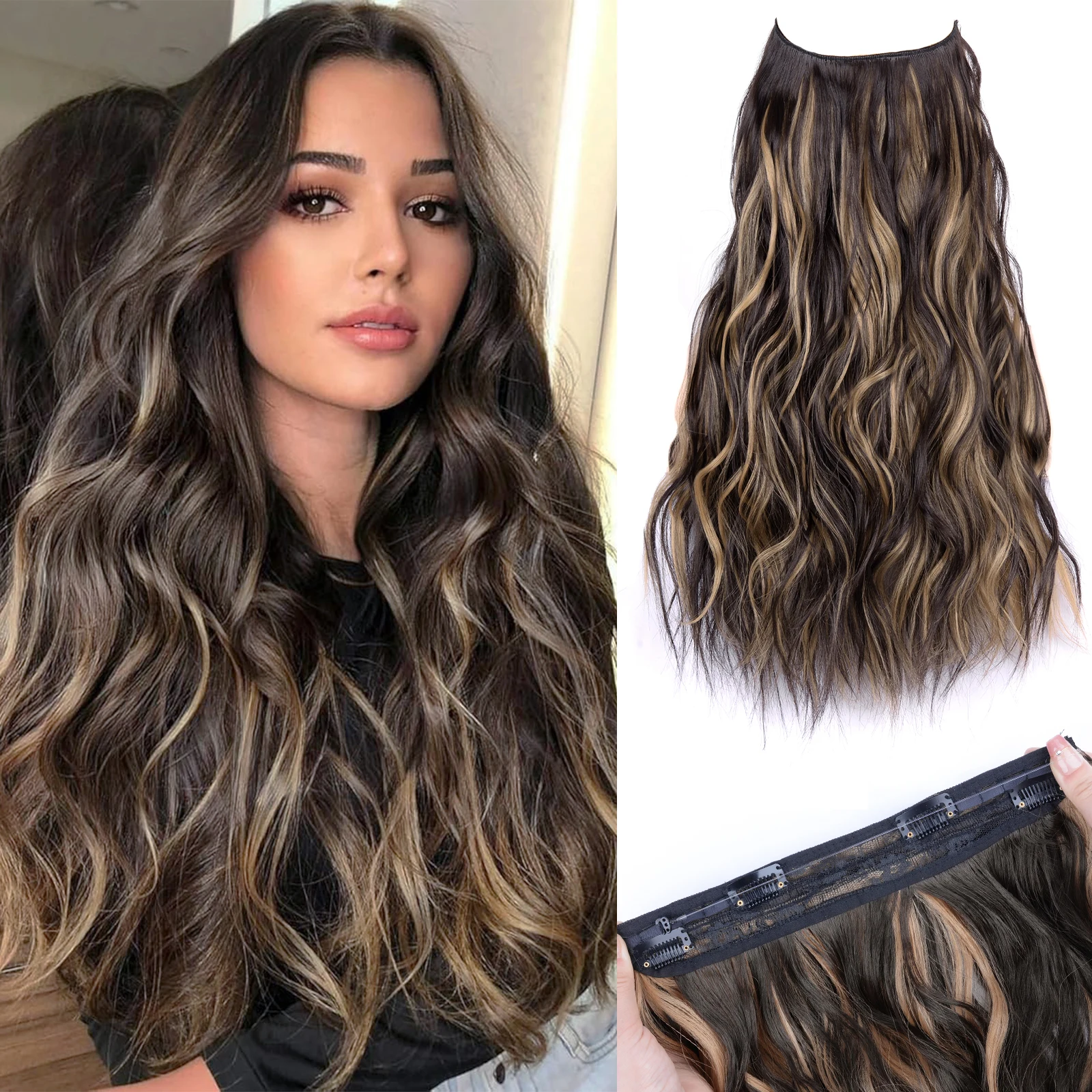 Long Wave Synthetic Invisible 4 Clips in Hair Extensions Ombre Natural Black Blonde Fish Line Fake Hair One Piece Hairpiece