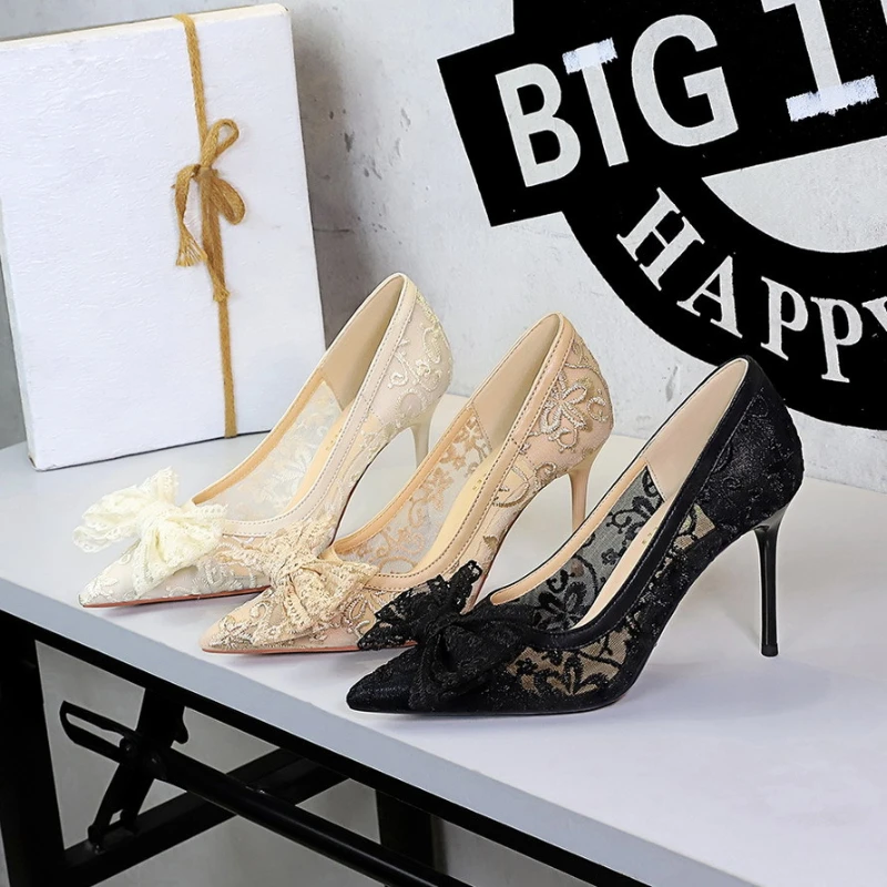 Women Champagne Lace Bow Pointed Toe Pumps Embroidered See-through Mesh Thin Stiletto Heels Fairy Bridal Wedding Elegant Banquet