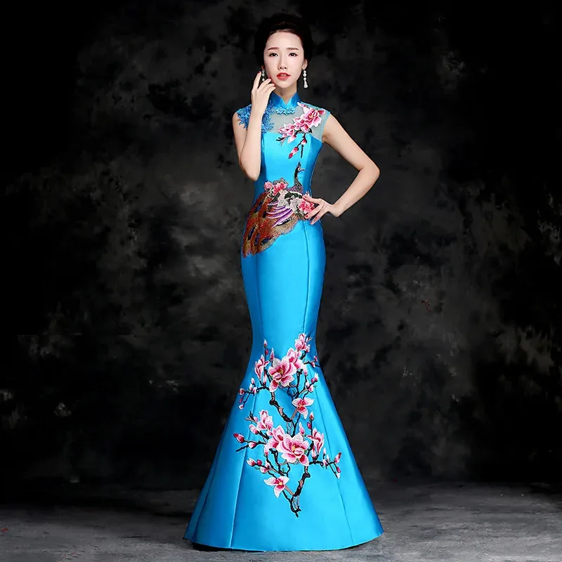 

DY20Китайский стиль Ципао Сексуальные женские большие размеры Cheongsam Винтажное классическое китайское платье Дракон и Феникс Длинные платья 3XL25