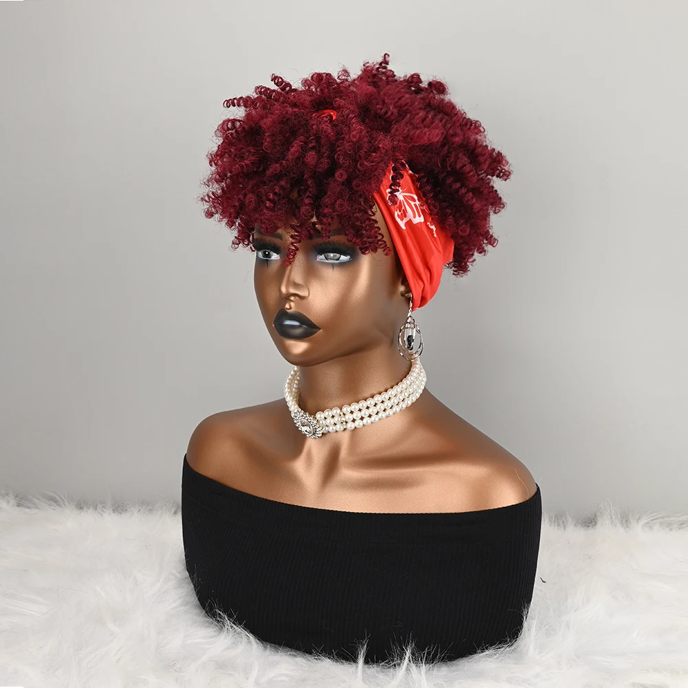 Headband Attached Synthetic Wig for Women, Burgundy Short Kinky Curly Full Wig With Butterfly Printed Fabric Head Wrap, Heat Resistant Fiber Wig for Daily Event Party Costume Use