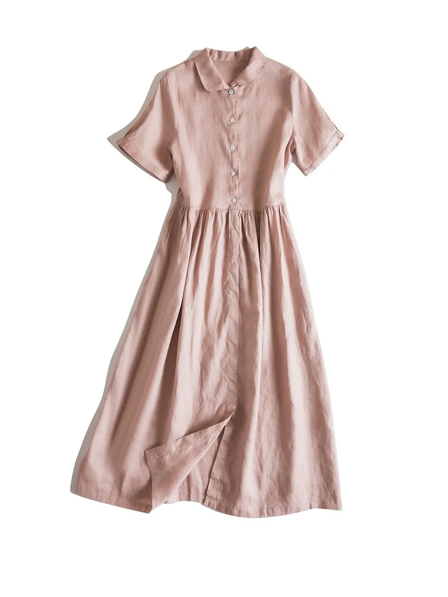 

Retro Pure Linen Midi Dr Women's ort Sve Loose Slimming Gown Casual Daily A-Line Skirt Chinese Brand Rose Rice