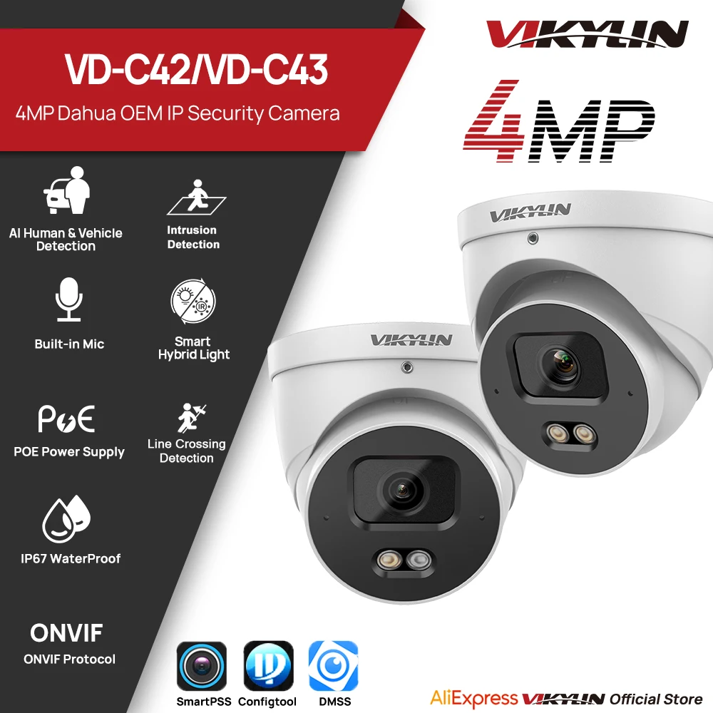 VIKYLIN 4MP IVS IP Security Camera Smart Dual Light/Full Color Smart Motion Detection Outdoor Support Onvif IP67 Metal Housing