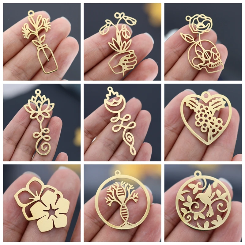 3pcs Golden Flower Charms Lotus Lily of the Valley diy Accessories Stainless Steel Pendant Jewelry Making Vintage Earrings Craft