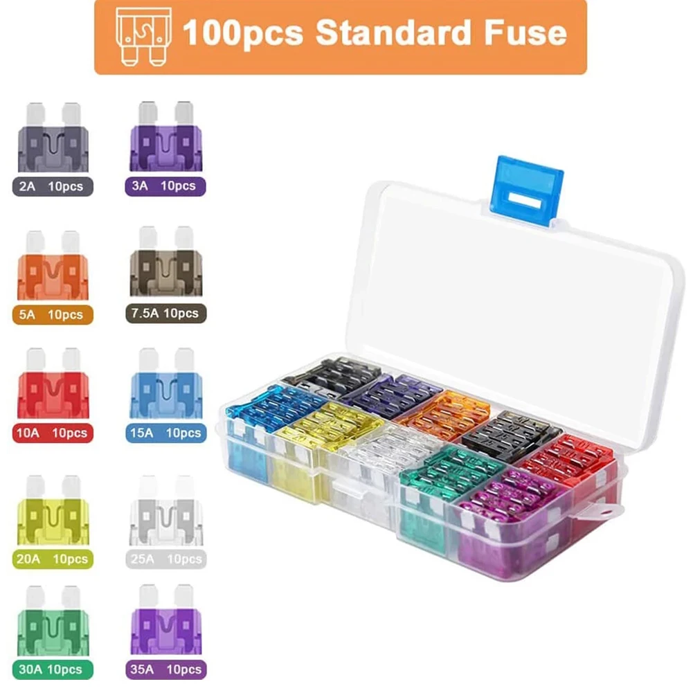 100Pcs Car Fuses 2A 3A 5A 7.5A 10A 10 Types Blade Type Fuse Set 15A 20A 25A 30A 35A Blade Type Fuse Assorted Kit with Box