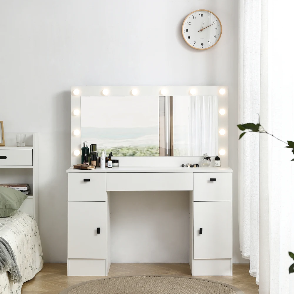 

Vanity Table with Lighted Mirror, Vanity Desk with 3 Drawers and Storage Cabinet, 3-Color Lighting Modes Adjustable Brightness
