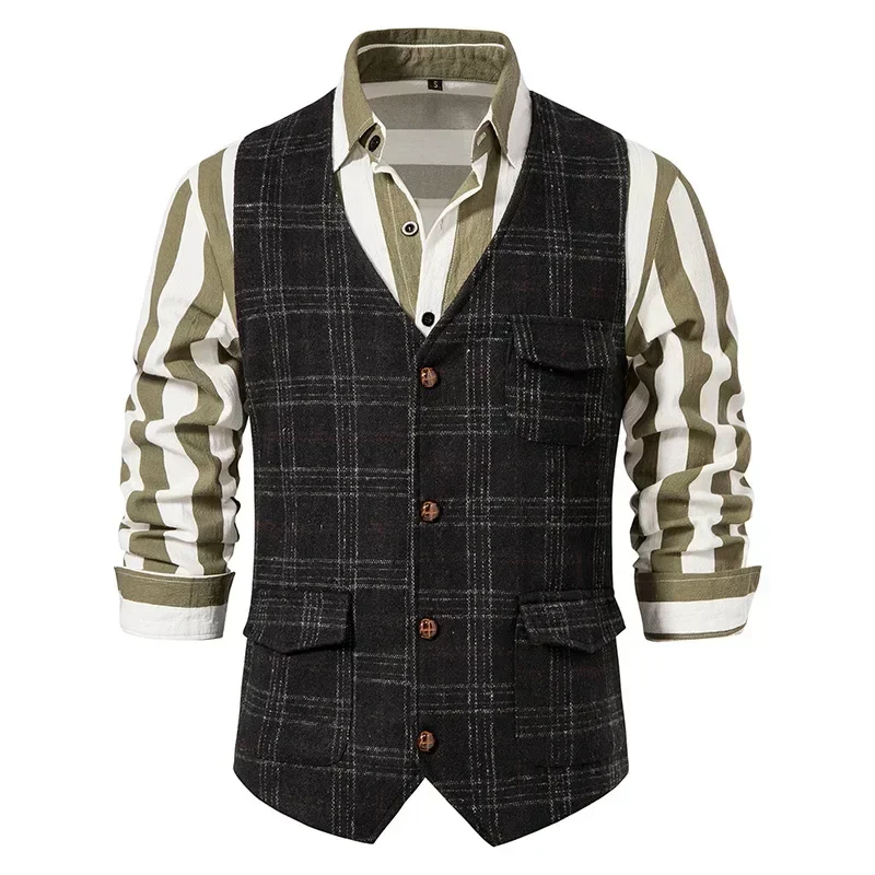 Men's Plaid Tweed Vest Vintage Single-breasted Waistcoat Top England Style Suit Vest Men's Casual Business Party Tops Vests