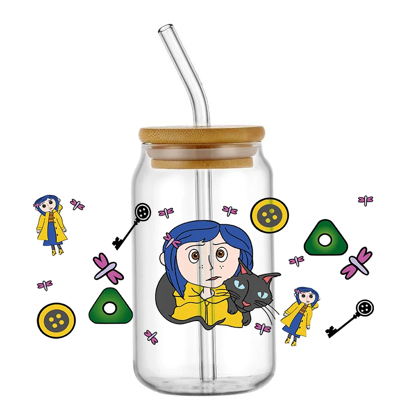 Coraline UV DTF Cup Wrap Transfer for Glass 16oz Cartoon Girl Transfers Stickers Cup Decals