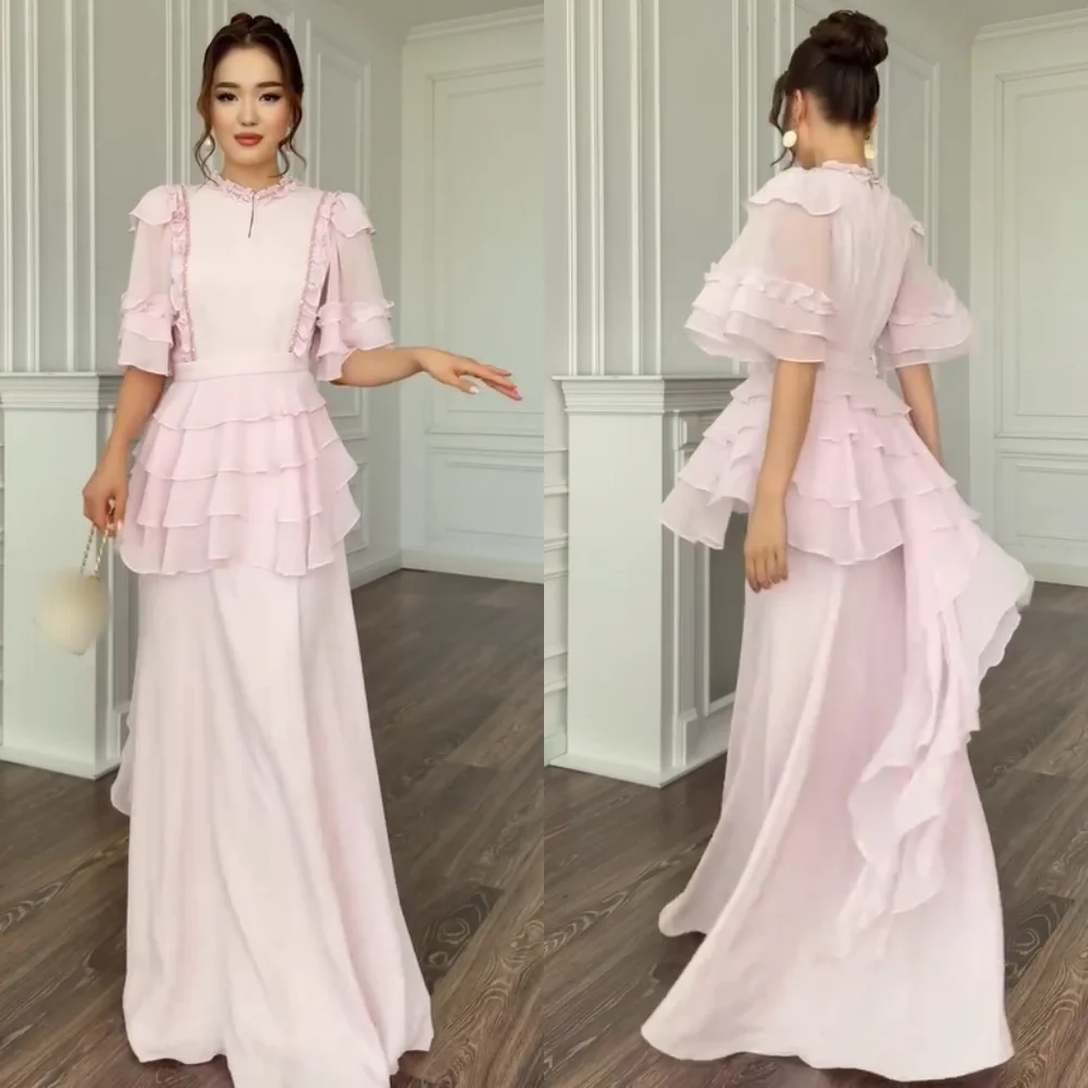

Customized Simple Chiffon Pleat Ruched A-line Jewel Long Dresses Bespoke Occasion Celebrity Exquisite Sparkle