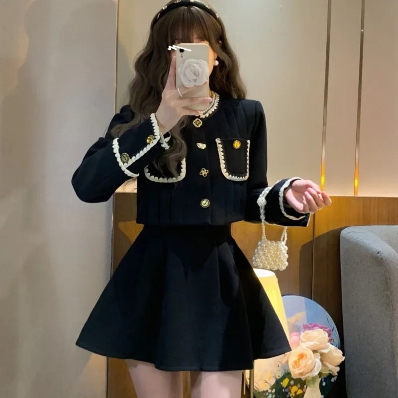 Autumn New Elegant Two-Piece Skirt Sets Women Korean Fashion Chic Crop Jacket Coat Solid Mini Skirt Female Clothing Y2K Outfits