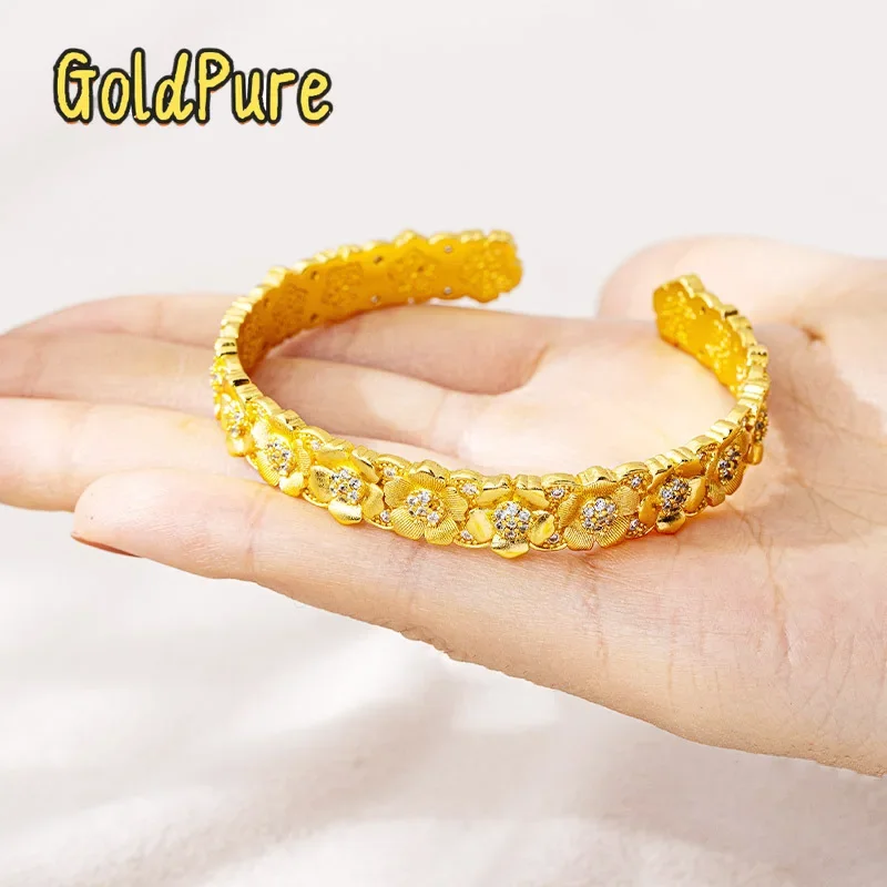 

Goldpure Luxury 24K 9999 Pure Gold real gold Women's Diamond Flower Open Bracelet