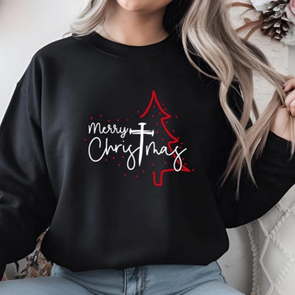 Frohe Weihnachten Sweatshirt Christian Cross Tree Hoodie Religiöses Weihnachtsgeschenk Glaube Weihnachtsgeschenk Hoodies Damenbekleidung