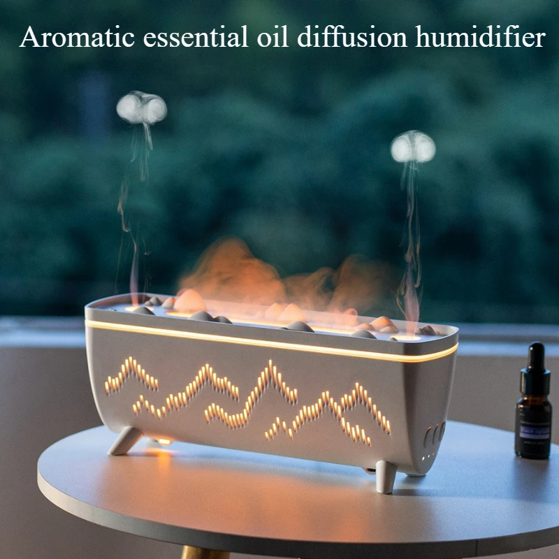 Humidificador de aire de difusión aromática de doble boquilla con Control remoto, difusor de aceite esencial de medusas con luz de llama de tres colores para el hogar