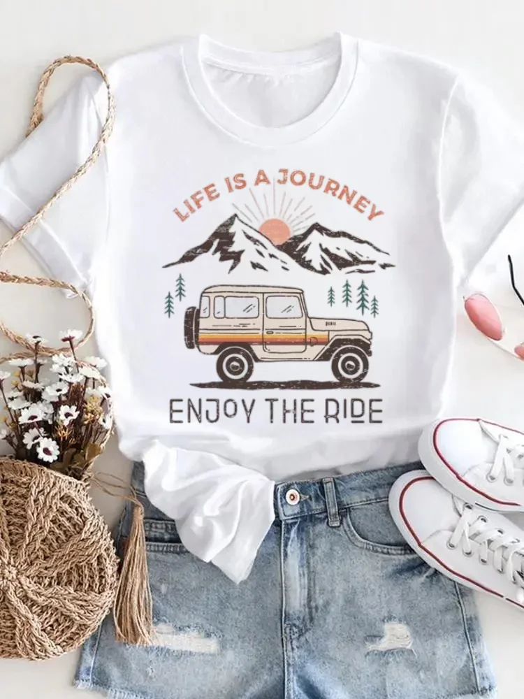 Retro Trend 90s Clothing Pattern Women's Fashion T-Shirt Top Summer O-Neck Printed Short Sleeved Mountain Travel Camping T-Shirt