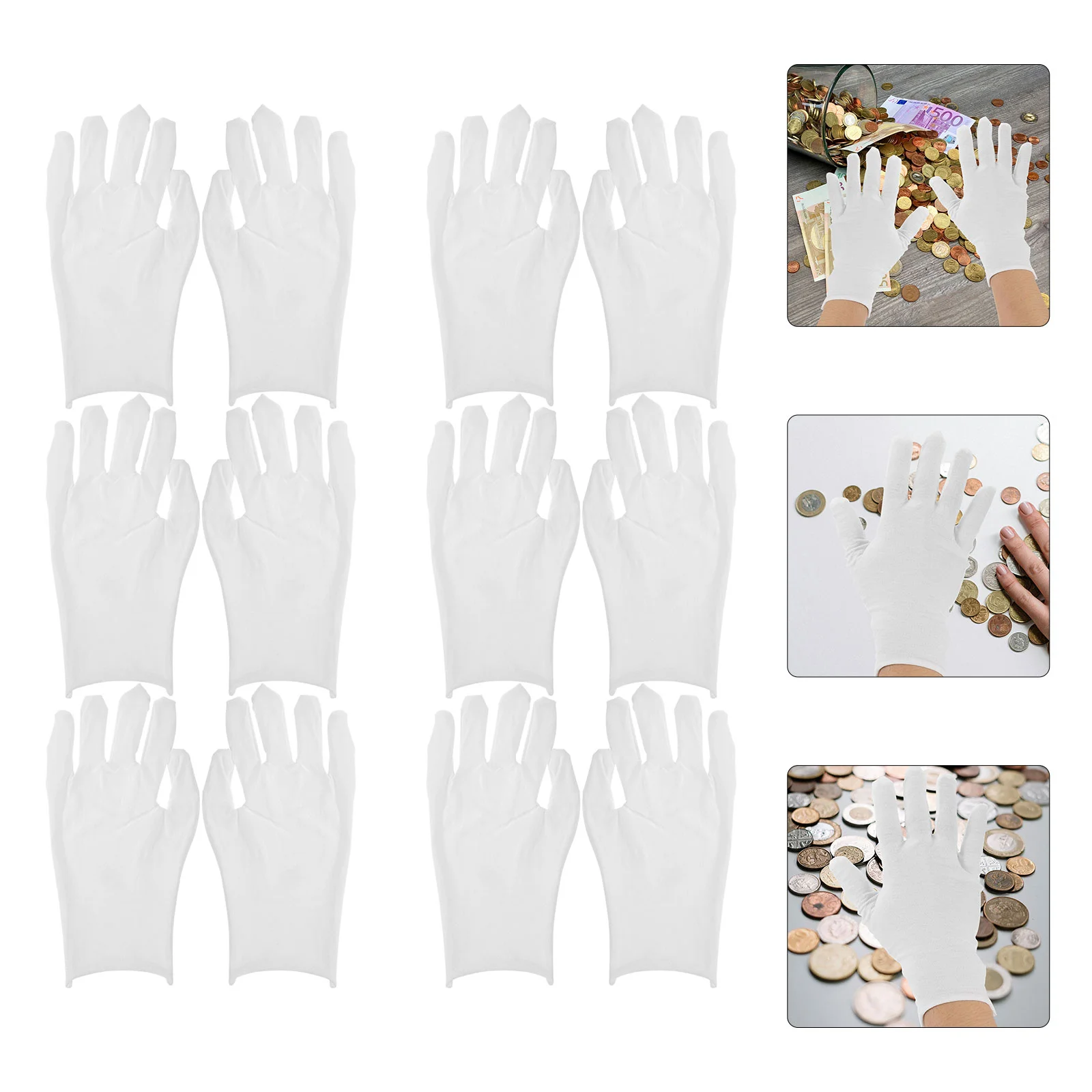 6 Pairs Gold and Silver Inspection Gloves Work Xl Cotton for Coin Handling Mens White