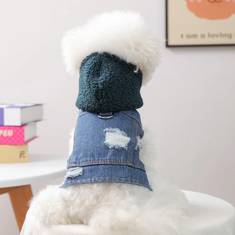 

Green Plush Hat Denim Dog Cat Jacket, Warm Winter Clothes for Small Dogs Puppies, Cute Cozy Puppy Kitten Outfit Set