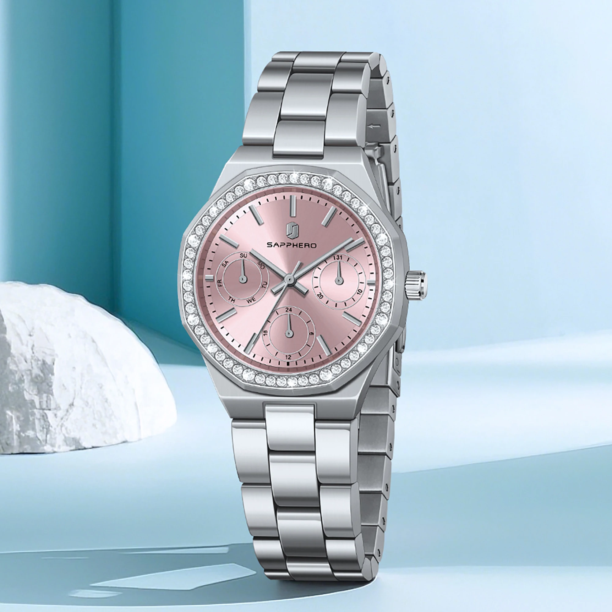 

SAPPHERO Роскошные женские часы 5ATM Водонепроницаемые японские часы с ремешком из нержавеющей стали Розовый циферблат Элегантные женские наручные часы