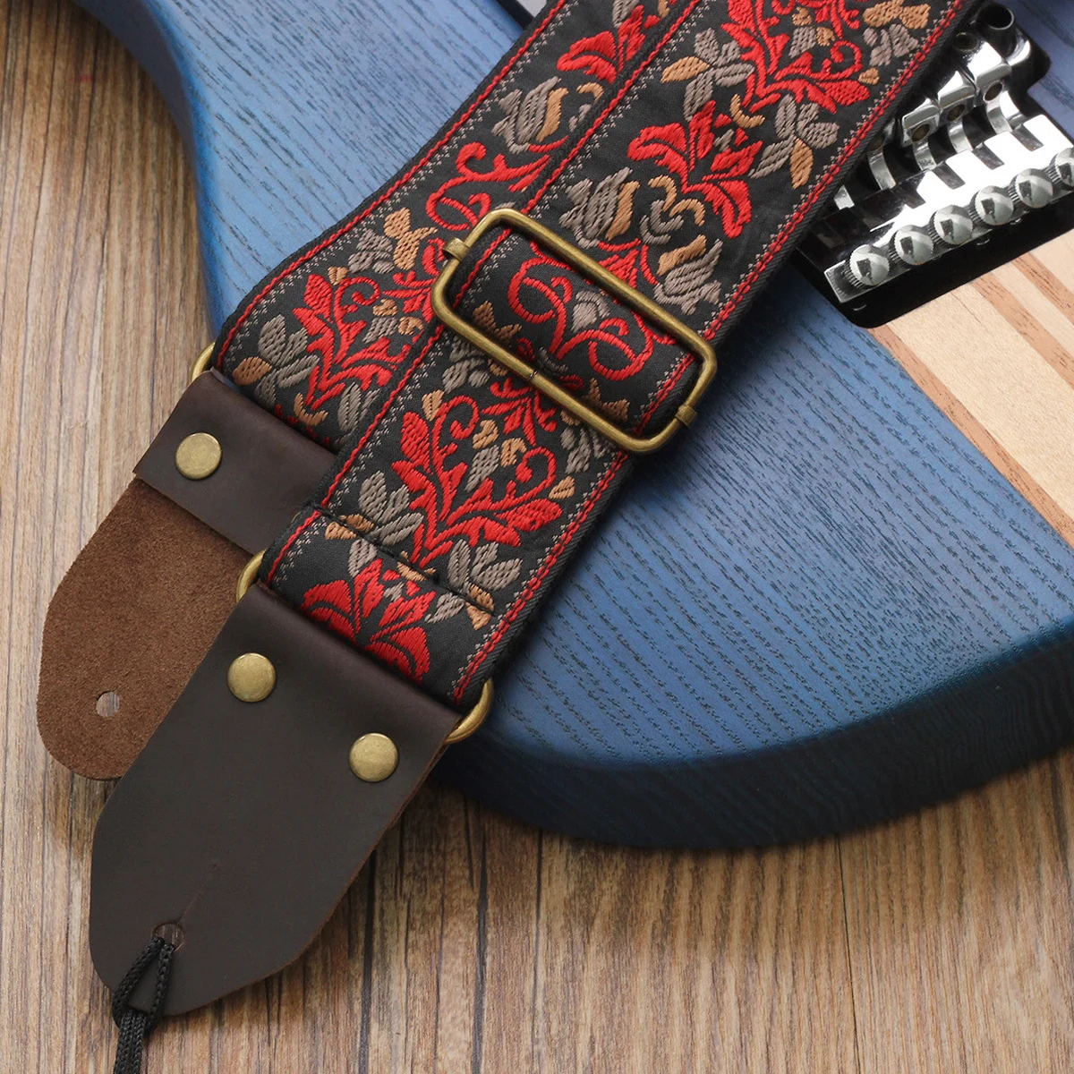 Vintage Flower Guitar Strap Genuine Leather Bohemia Style Woven Embroidery Fabric Electric Acoustic Guitar Bass Strap Belt