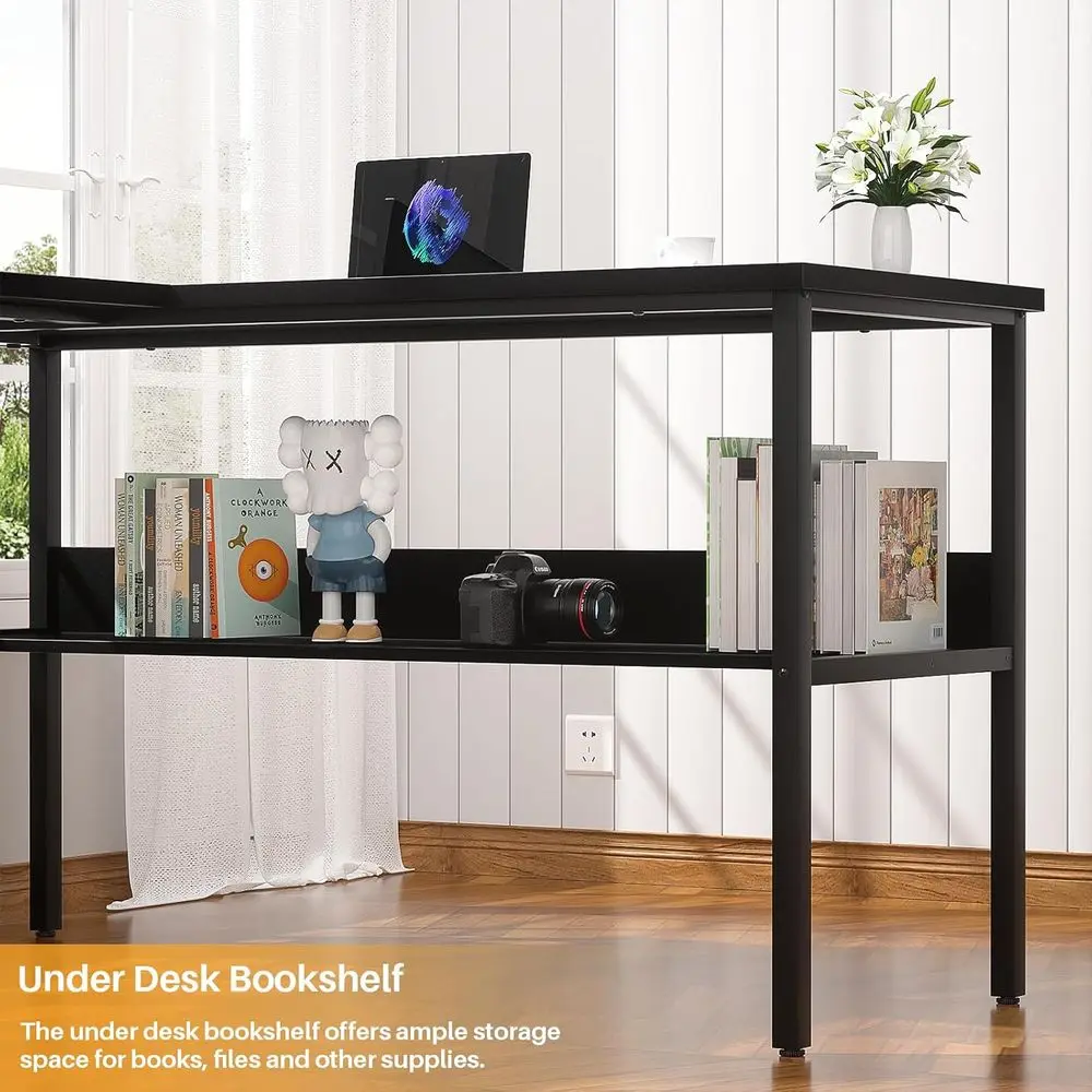 Reversible L Shaped Computer Desk with Magic Power Outlet, Sturdy Office Corner Desk, L Shape Gaming Table with Storage Shelf, B