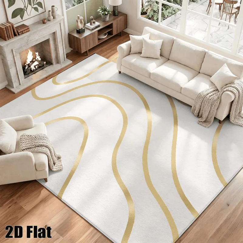1Pc Light Luxury Minimalist Gold Edge Curved Abstract Carpet, Bohemian Style Decorative Rug for Living Room, Bedroom, Dining Room, Bedside, Indoor and Outdoor Patio, Home Decor Accessories