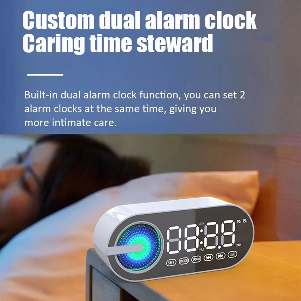 Quiet Wireless Bluetooth Speaker Alarm Clock RGB TWS USB LED Mirror Digital Clock FM Large Display Living Room Office Decoration