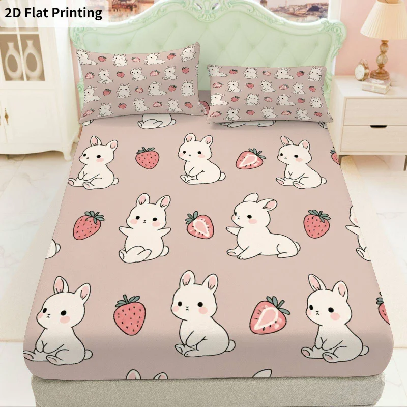 3Pcs Bunnystrawberry Fitted Sheet Three Piece Set (1*Fitted Sheet + 2*Pillowcases, Coreless), Bedding Set
