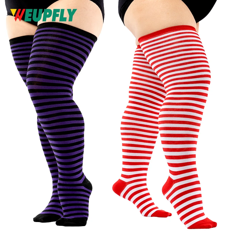 

1Pair Plus Size Thigh High Socks for Women with Thick Thighs – Extra Long Over the Knee Striped Socks, Boot Socks for Wide Calf