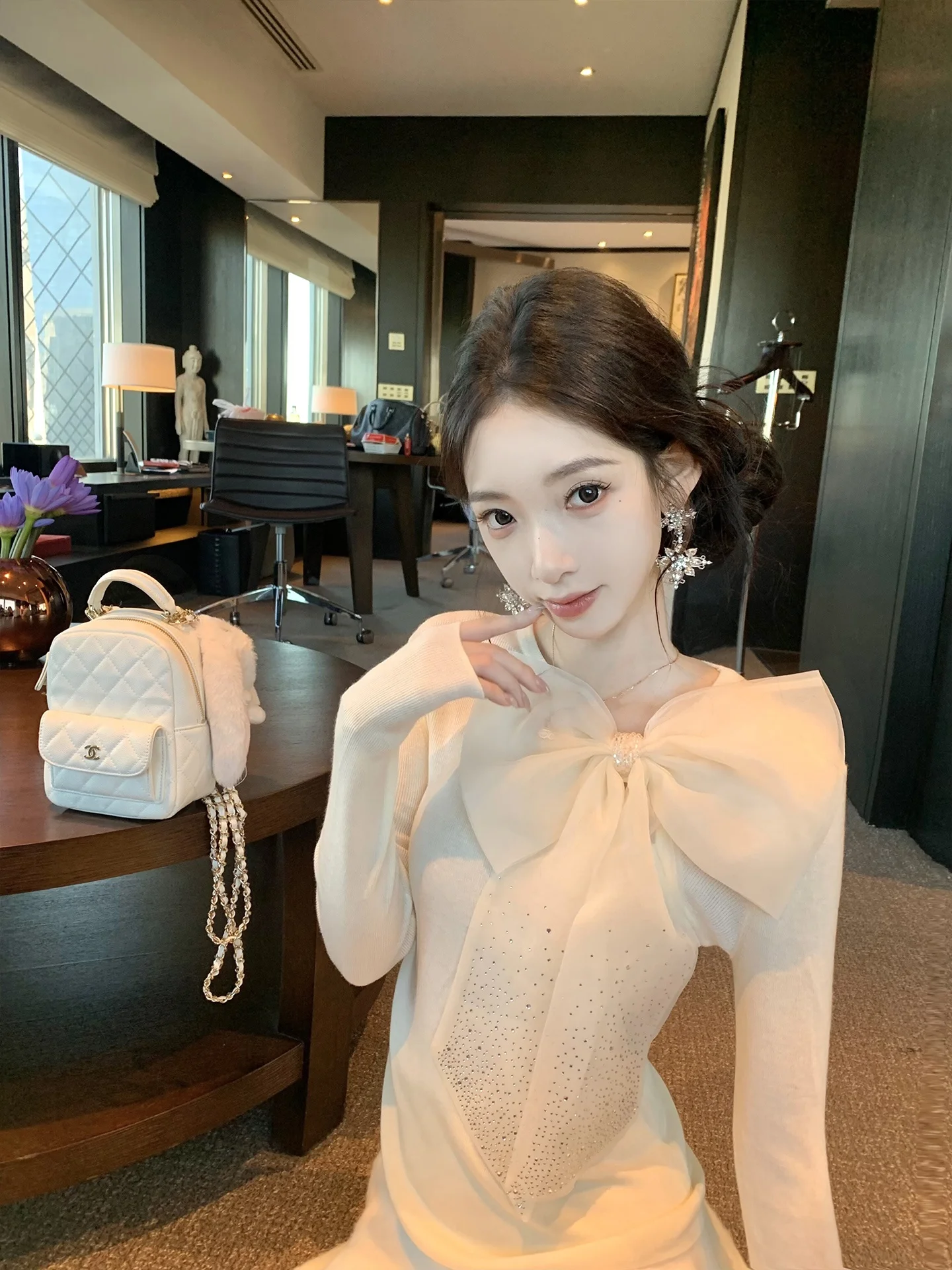 

Ele Knitted Sweater Women's Soft Cozy Home Sle f High Collar Big Bow Knot Versatile Long Sve Winter Faion