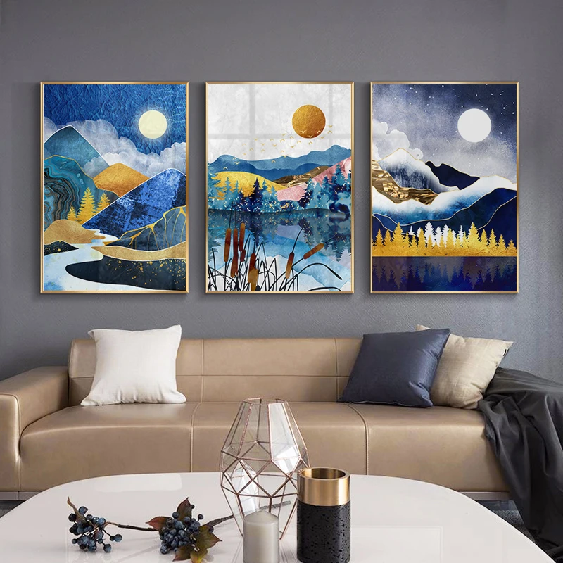 Blueberry Sky Prints and Posters Retro Lake and Grometric Mountain Canvas Painting Wall Art Picture for Home Room Bar Decoration