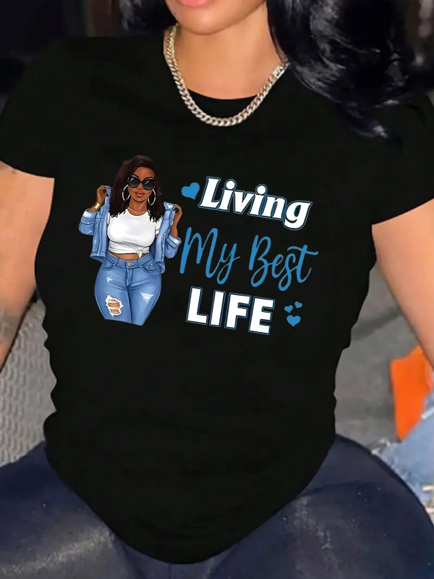 Living My Best Life Graphic T Shirt for Women Fashion Lady Character Heart Slogan Print Short Sleeve Casual Top Daily Streetwear
