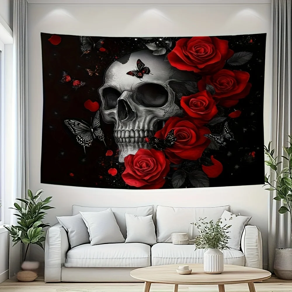 2D Flat 1pc Rose Skull Printed Tapestry Banner Multi-Functional Wall Tapestry For Photography Props Wall Art Large Tapestry Mura