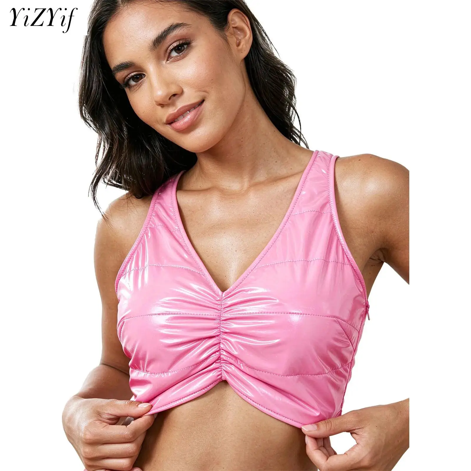 Womens Glossy Waterproof Quilted Padded Vest V-neck Sleeveless Ruched Front Side Zipper Crop Top Y2k Streetwear Rave Clubwear