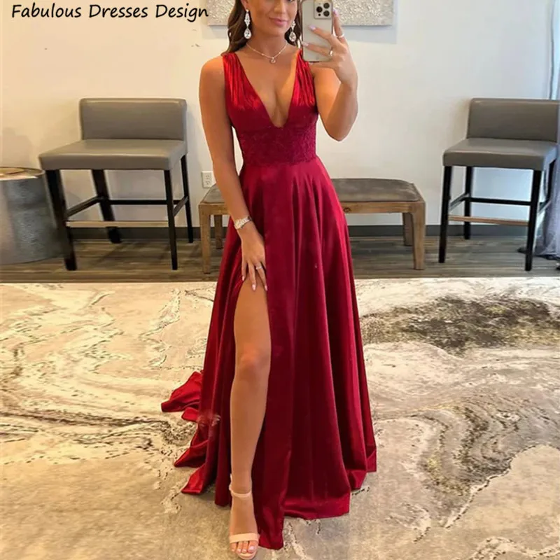 

Sexy High Slit Prom Dresses Burgundy Lace Long A-line V-neck Sweep Train Evening Dress Party Women Wedding Guests Dress