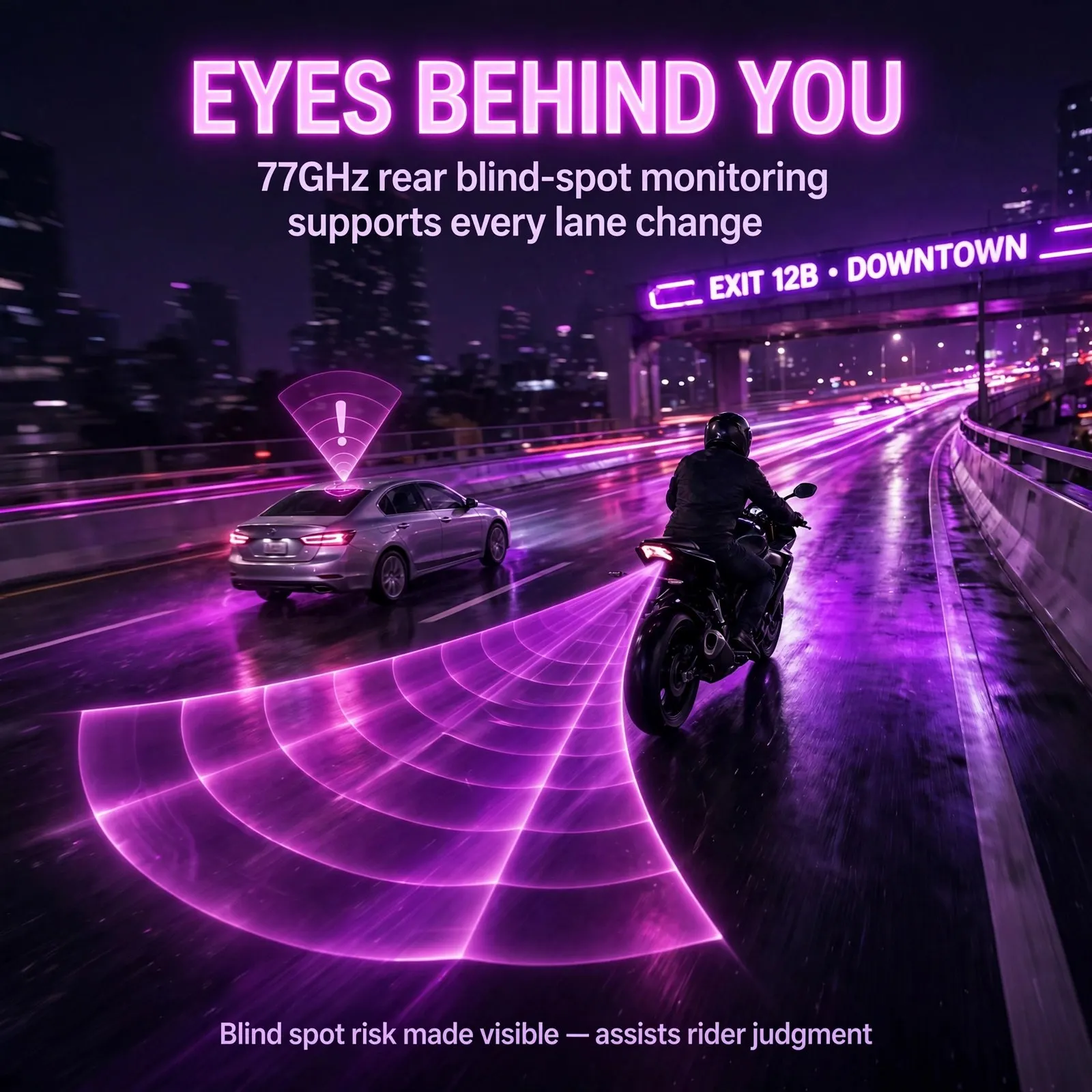 77GHz Motorcycle Blind Spot Warning Radar Kit – Dual Amber LED Indicators, Rear Detection up to 70m, BSD 8.4m, LCA 50m with TTC≤