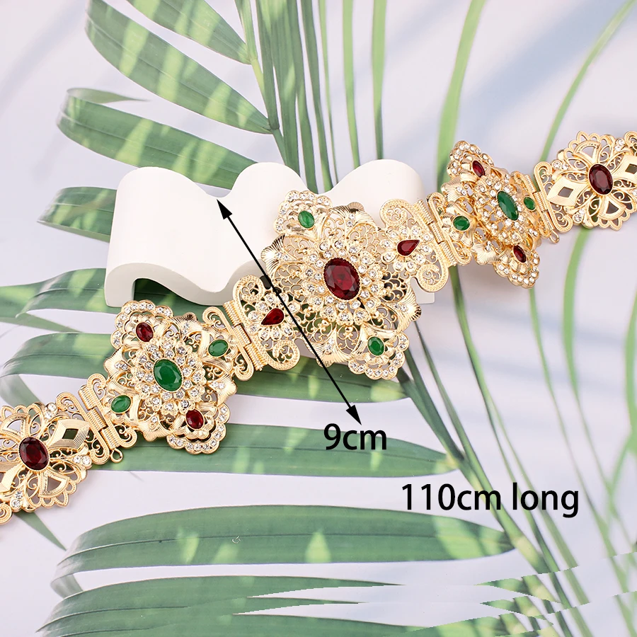 Traditionele Marokkaanse Jurk Riem Gold Plating Groen Rood Rhinestone Taille Kettingen Voor Vrouwen Caftan Bruids Sieraden Riemen