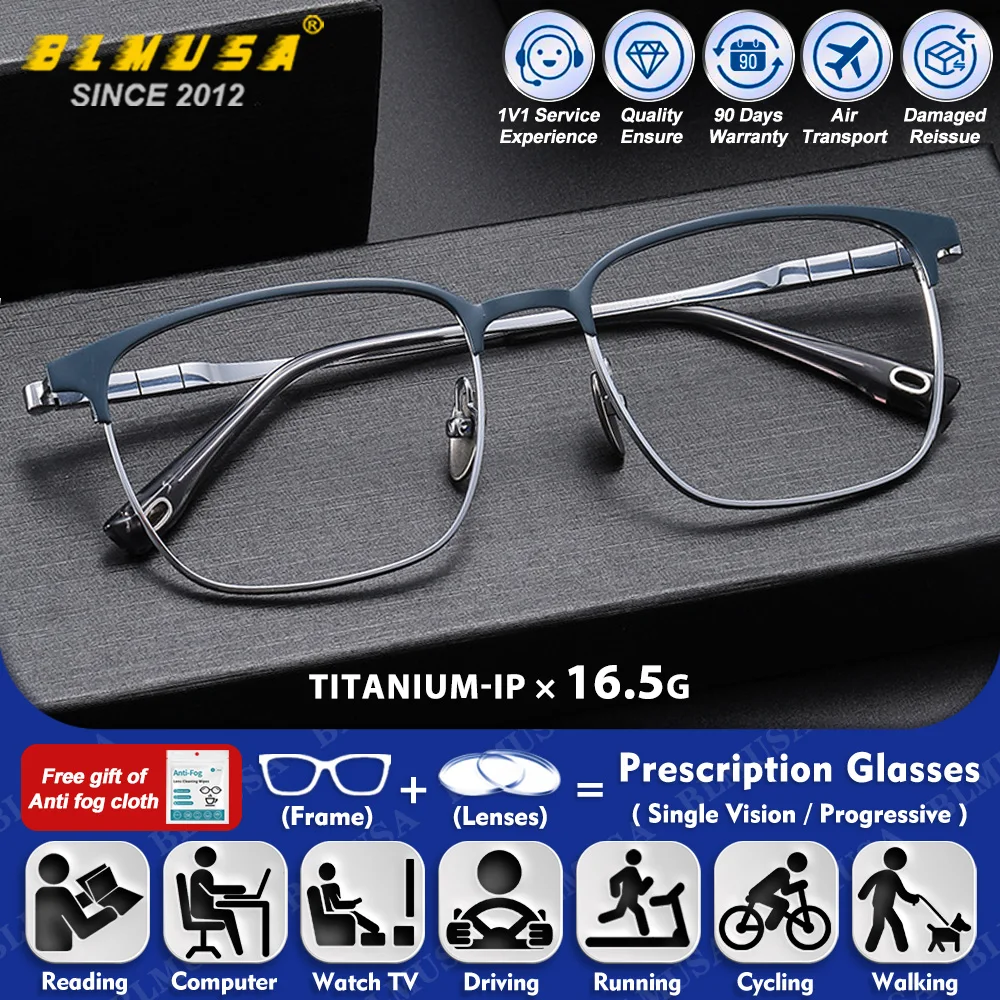 

BLMUSA (XL) Retro Men Ultralight Titanium Myopia Prescription Glasses Anti Blue Light Photochromic Progressive Computer Eyeware