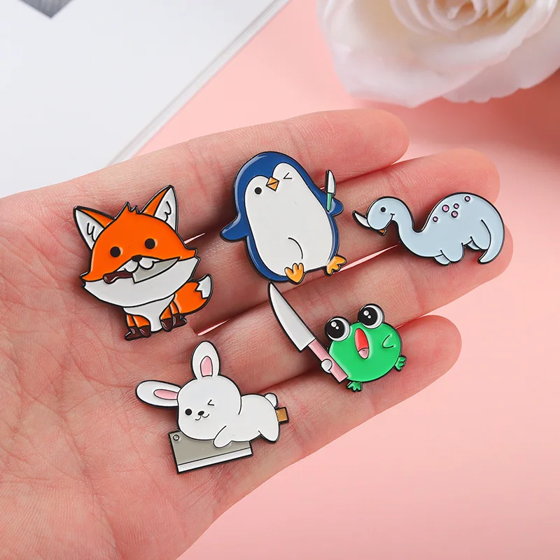 Cute Cartoon Knife Animal Alloy Enamel Brooch Creative Fox Rabbit Frog Metal Badges Trendy Backpack Accessories Jewelry Gifts