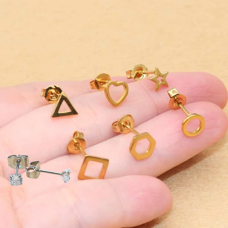 Hypoallergenic 2PC Lot Brief Circle Golden-Plated Heart Star Shape Stainless Steel Stud Earrings For Women No Fade Allergy Free