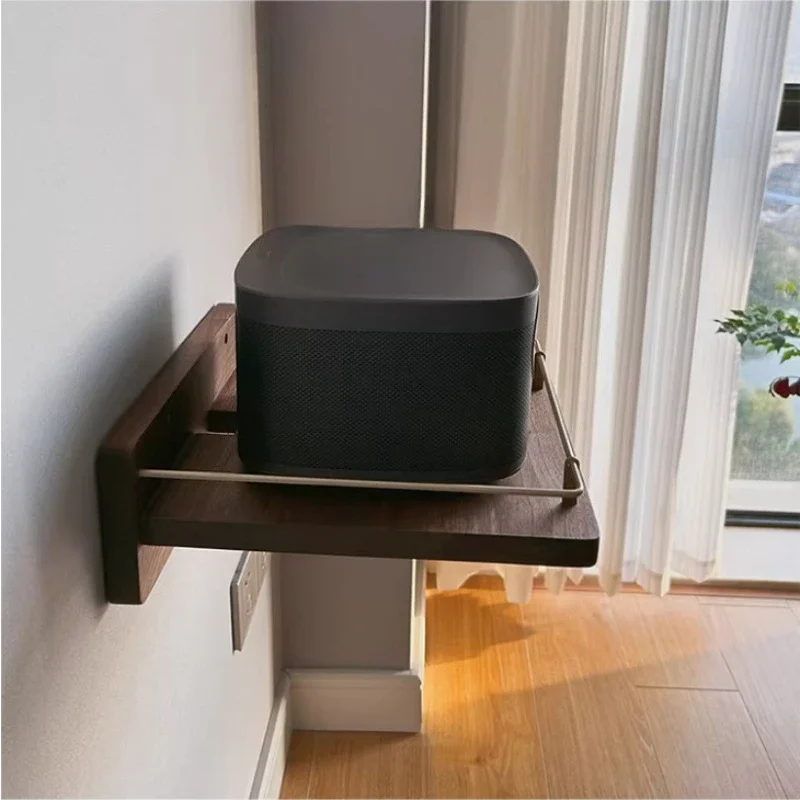 Walnut Projector Shelf Wall Mounted Display Stand with Brass Railing AV Equipment Organizer Floating TV Console for Home Theater