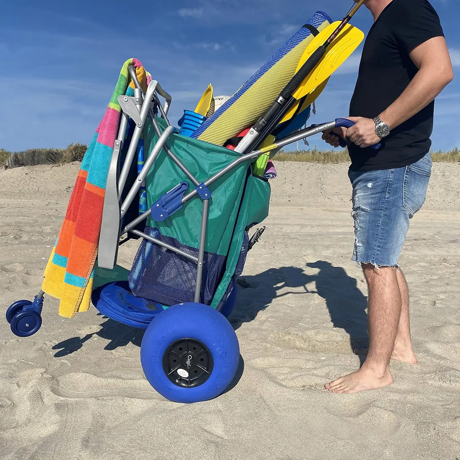 RollX Beach Cart with Big Balloon Wheels for Sand, Foldable Storage Wagon with 13 Inch Beach Tires (Pump Included) (Seafoam)