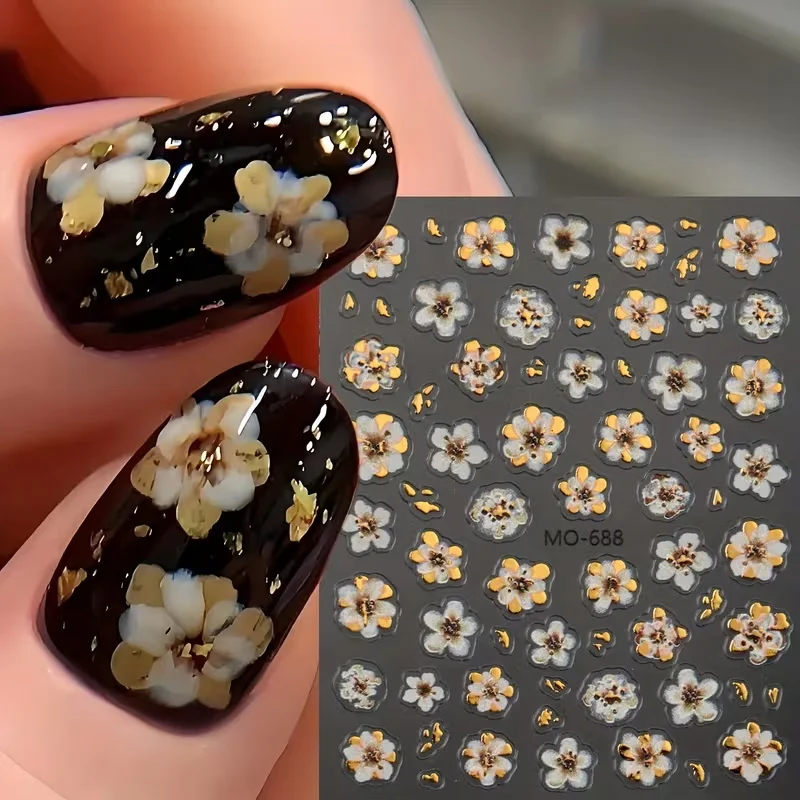 1 unidad de pegatinas florales metálicas 5D para uñas, pegatinas de flores de lámina dorada para uñas Vintage, flores de cerezo blancas, rosas y marrones, suministros para uñas de boda