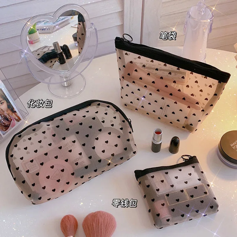 1PC Heart Women Men Necessary Cosmetic Bag Transparent Travel Organizer Fashion Small Large Mesh Toiletry Bags Makeup Pouch