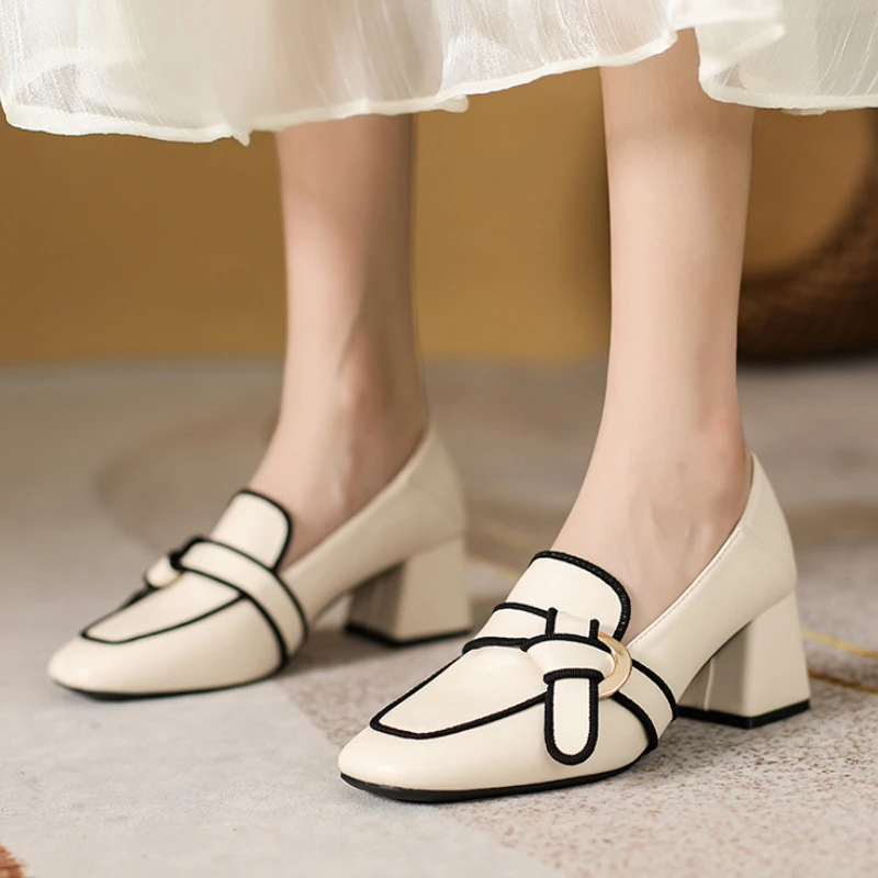 Women Retro Bowknot Loafers Spring Square Head Women Single Shoes Classic Thick Heels Soft Leather Female Pumps Zapatos De Mujer