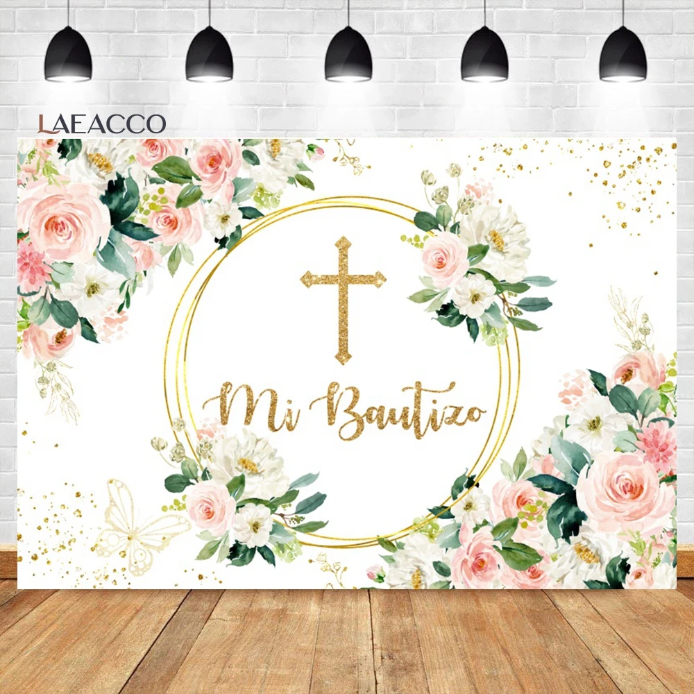 Laeacco Mi Bautizo Backdrop Pink Flowers Cross Butterfly Mexican Baptism God Bless Party Baby Portrait Photography Background