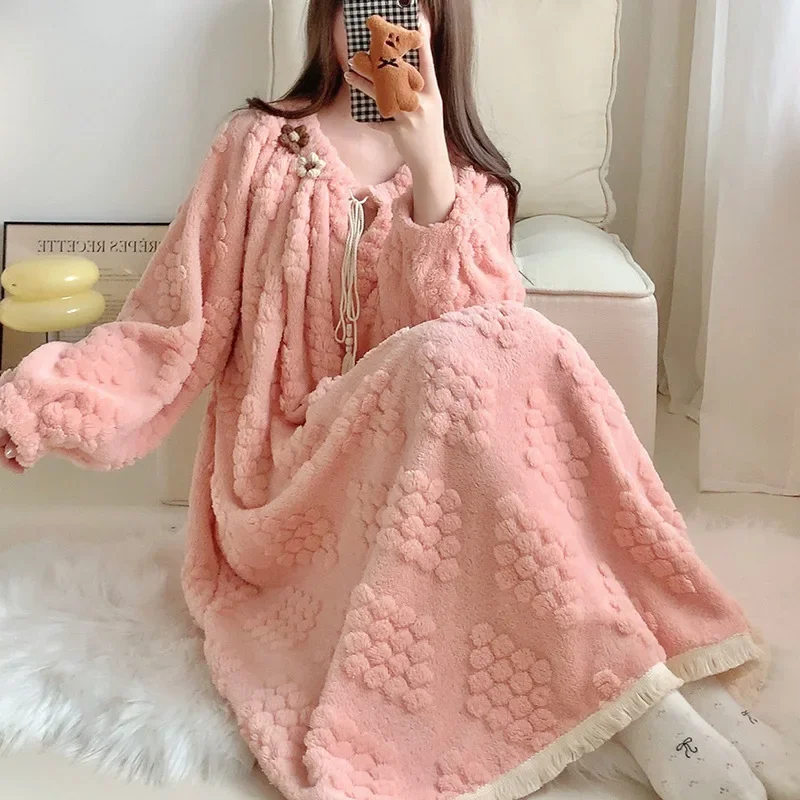 

Large Size Coral Fleece Nightdress Women Princess Winter Thickened Warm Pajamas Sweet Flannel Sleepwear Home Clothes Outwear
