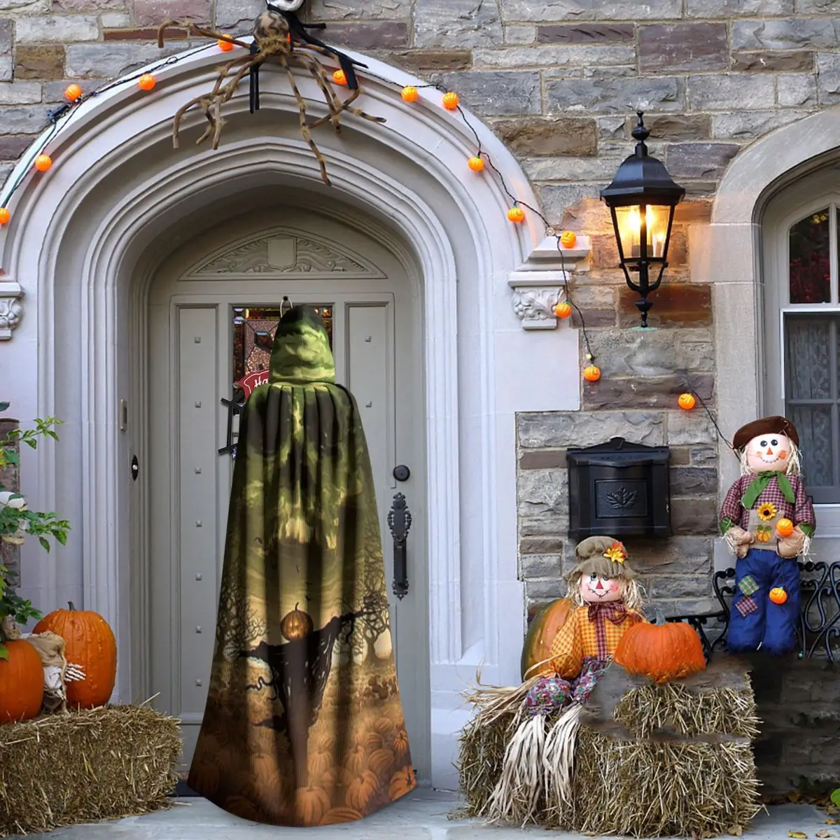 ハロウィンコウモリ ジャック・オ・ランタン カボチャと幽霊 魔女 ロングフード付きマント 魔女 中世コスチューム コスプレケープ ハロウィンコート