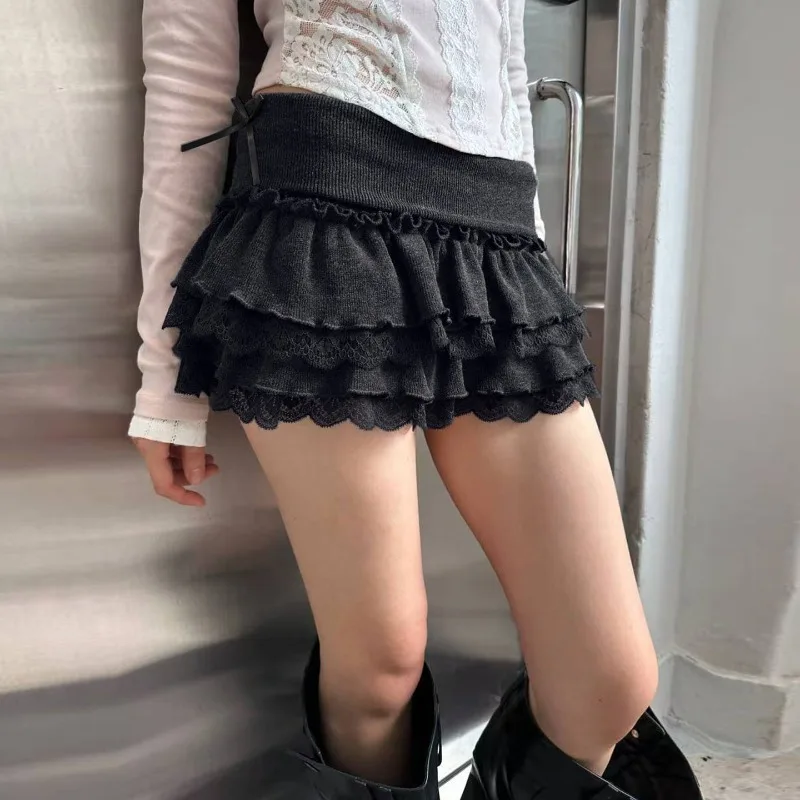 2026 New Vintage Cute Cake Skirt Women Mall Gothic Fairycore Grunge Aesthetic Y2k E-girl Lace Patchwork Low Waist Knitted Skirts