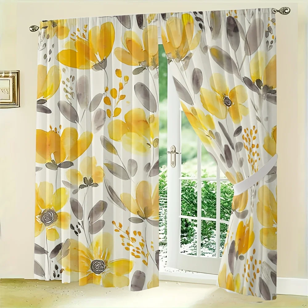 2pcs Watercolor Floral Curtain No Rod — Golden Yellow & Charcoal Grey Motif on Off-White Base, Hand-Rendered Style Digital Print